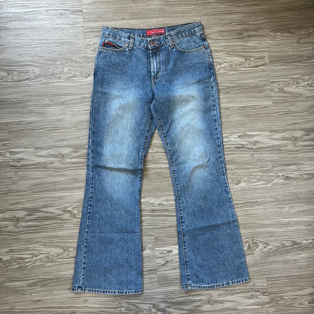 Hot Kiss Vintage Flare Jeans Womens 9 Medium Wash Denim Y2K Retro Made in USA